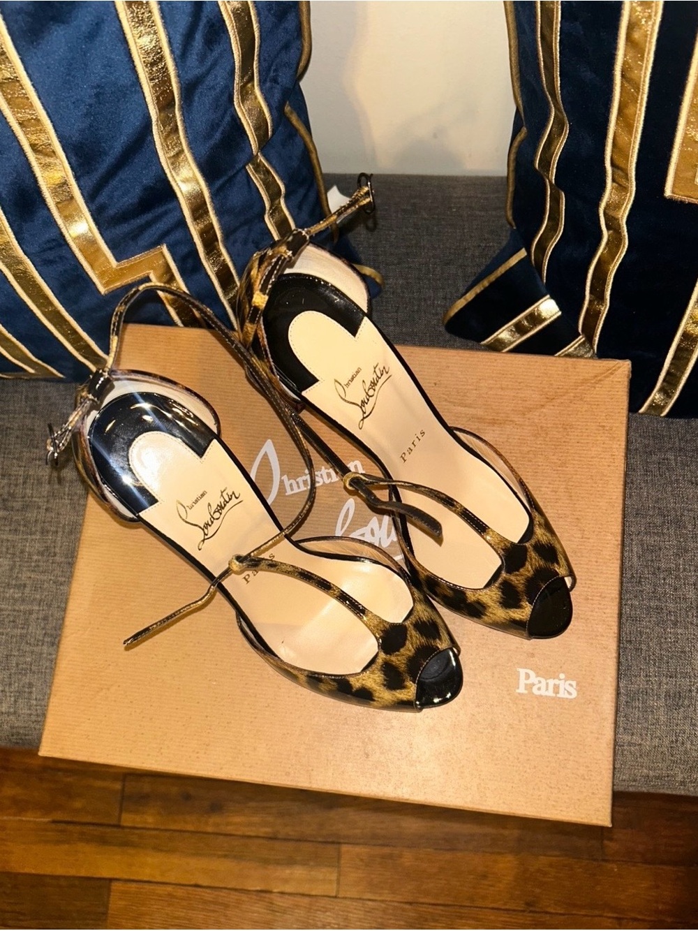 Christian Louboutin Leopard Print Peep-Toe Ankle-Strap Heels with Black Accents